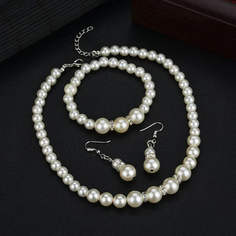 Crystal Pearls Necklace With Earrings & Bracelet