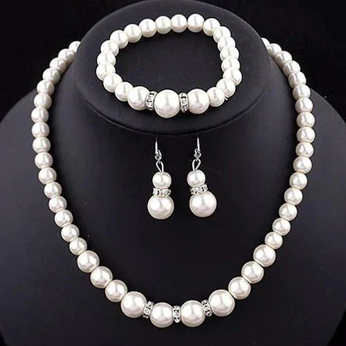 Crystal Pearls Necklace With Earrings & Bracelet